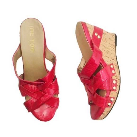 Me Too Red Leather Strappy Sandal Wedges - Picture 1 of 8